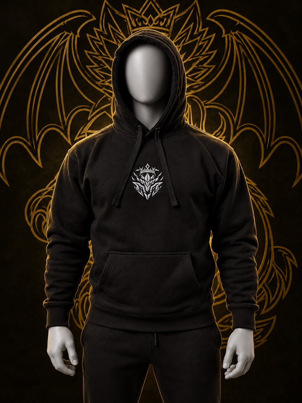 KOVRAN IMPERIAL hoodie negro con bordado gris, cuerpo completo con capucha abajo