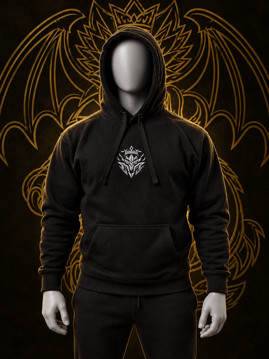 KOVRAN IMPERIAL hoodie negro con bordado gris, cuerpo completo con capucha abajo