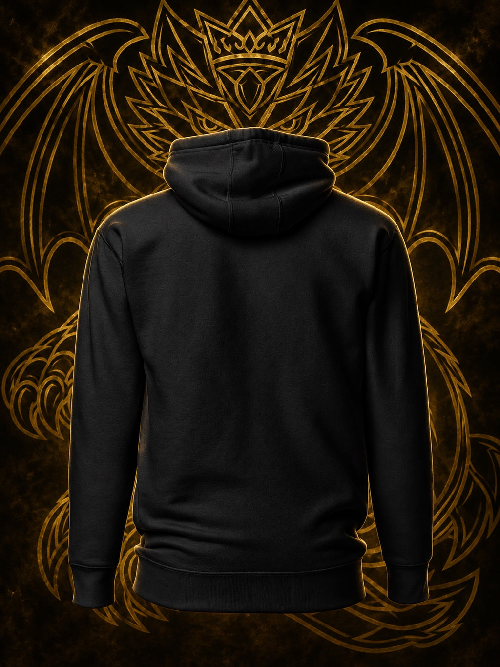 KOVRAN IMPERIAL hoodie negro, vista de espalda con fondo dragón dorado
