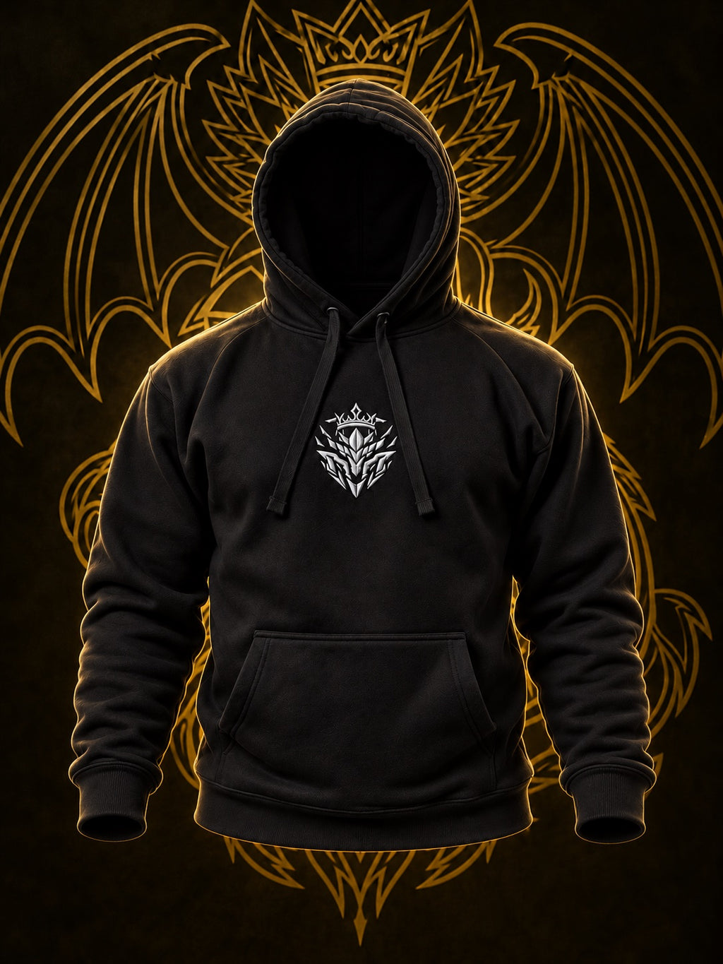 KOVRAN IMPERIAL hoodie negro con bordado gris, torso con capucha arriba